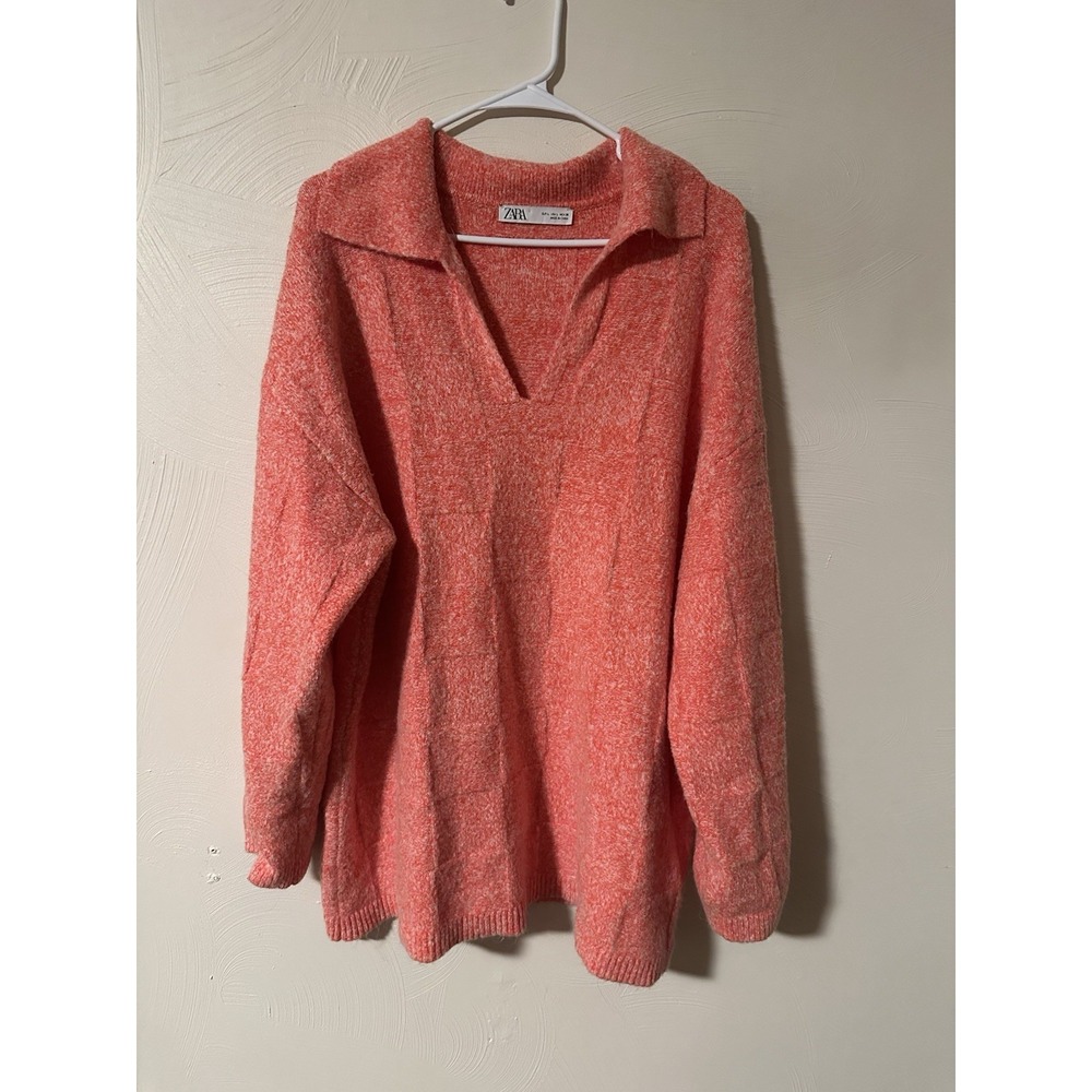 ZARA Pink Orange Heathered‎ Checkered Boxy V-Neck Sweater SZ L